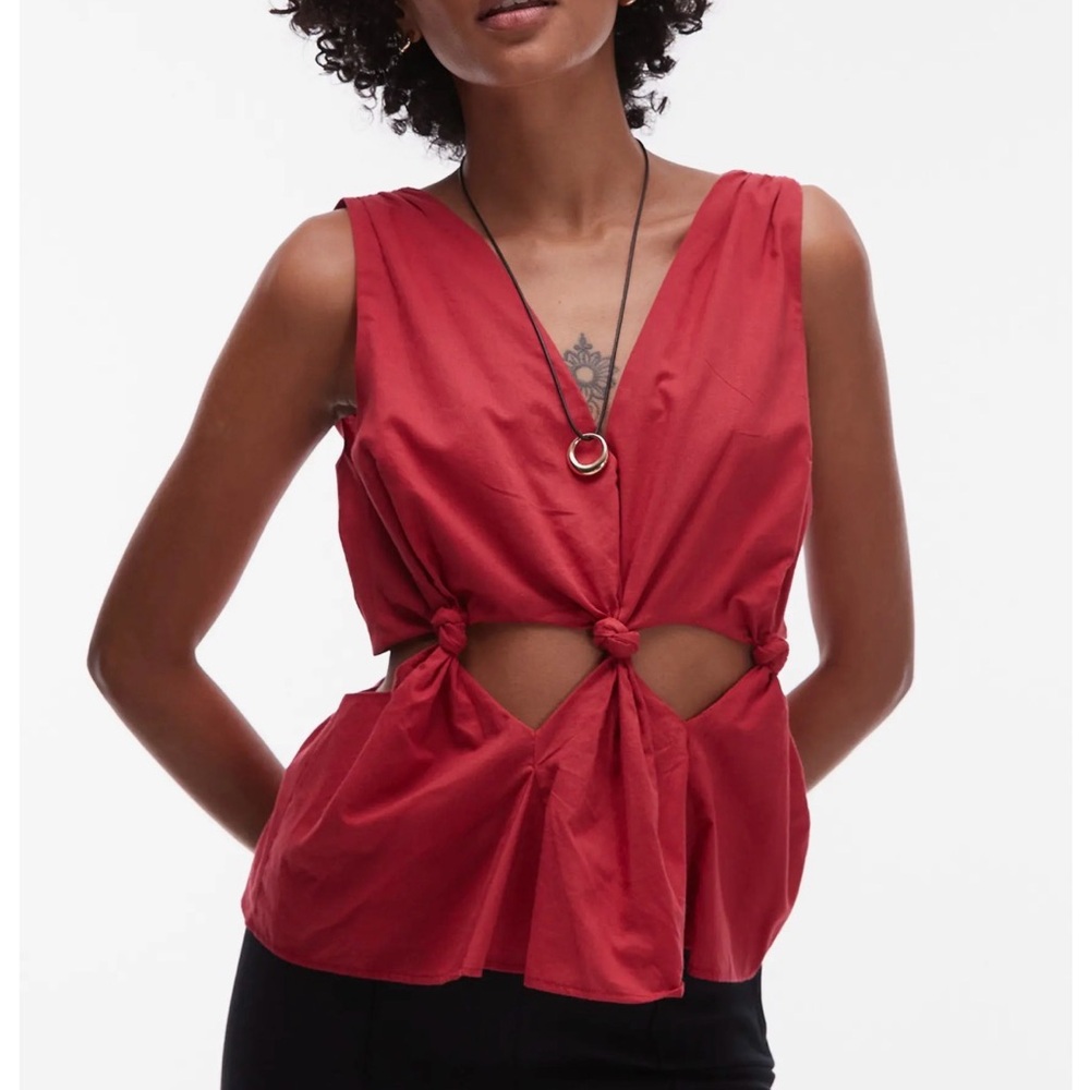 Topshop Knot Cutout Waist Cotton Tank Size 6 Red *Flaw